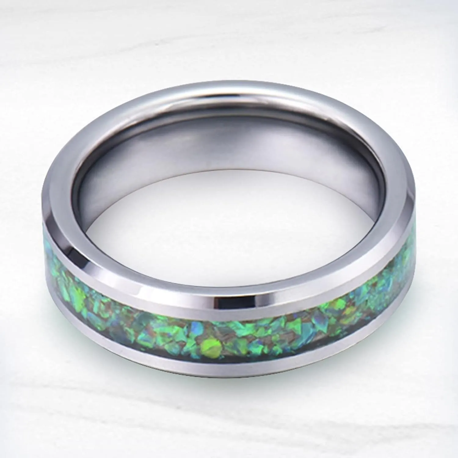 Matching Couples Rings, Men's Rings Tungsten Carbide 8mm Silver Ring Inlay Green Shell Engagement Couple Rings