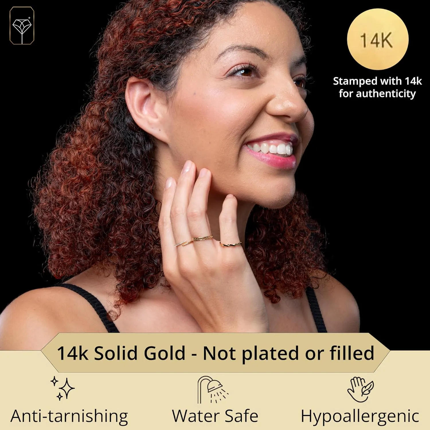MAX   STONE 14K Yellow Gold Chain Link for Women | Hypoallergenic & Anti-Tarnishing Solid Gold Ring Bands | Stackable Real Gold Ring in Size 6 to 8