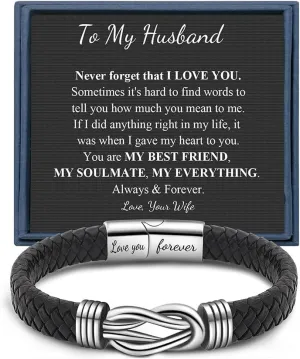 Memgift Knot Bracelets Gifts for Man Christmas Valentines day Gifts Black Braided Leather Infinity Bracelets Lettering Love You Forever Gifts for Son Grandson Husband Boyfriend Brother Man