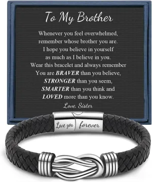 Memgift Knot Bracelets Gifts for Man Christmas Valentines day Gifts Black Braided Leather Infinity Bracelets Lettering Love You Forever Gifts for Son Grandson Husband Boyfriend Brother Man
