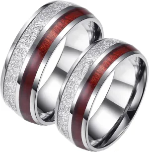 Men Silver Rings, Men Stainless Steel Rings 8mm Silver Ring Inlay Wood Valentine's Day Couple Rings