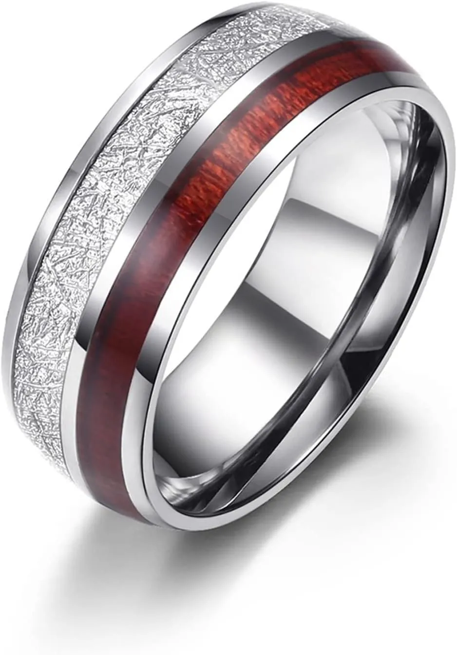 Men Silver Rings, Men Stainless Steel Rings 8mm Silver Ring Inlay Wood Valentine's Day Couple Rings