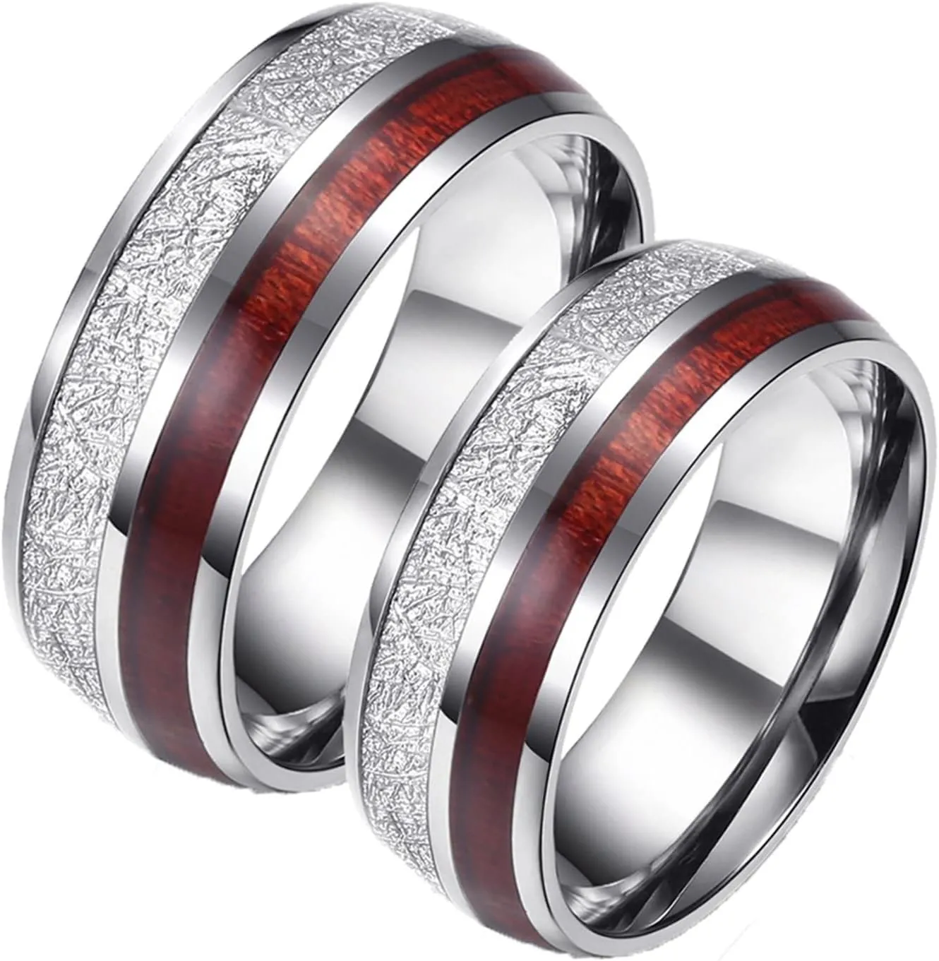 Men Silver Rings, Men Stainless Steel Rings 8mm Silver Ring Inlay Wood Valentine's Day Couple Rings