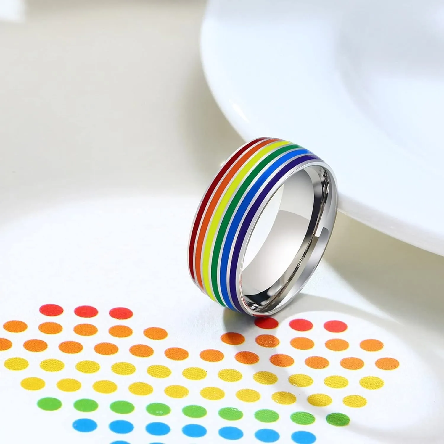 Men Silver Rings, Stainless Steel Engagement Rings 8mm Silver LGBT Ring with Rainbow Enamel Engagement Couple Rings