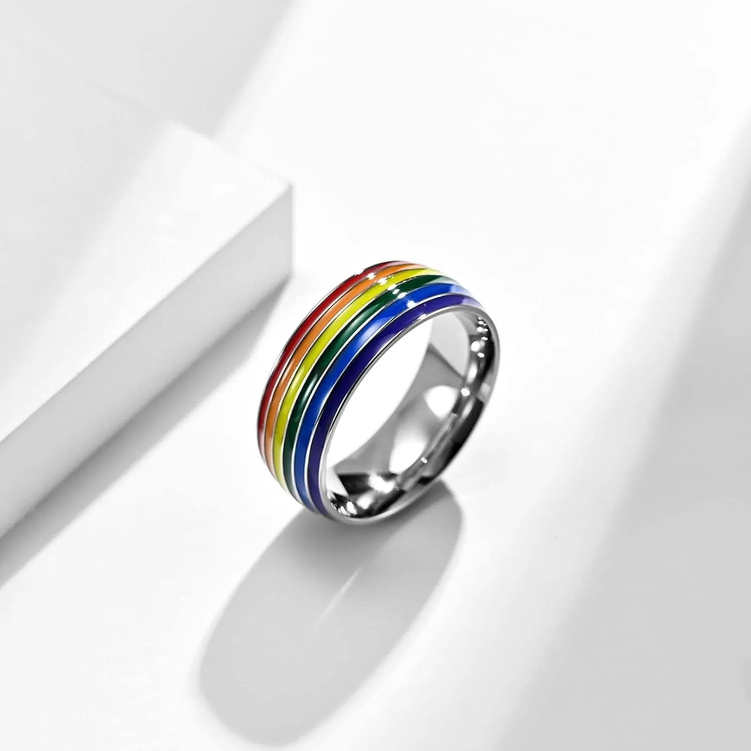 Men Silver Rings, Stainless Steel Engagement Rings 8mm Silver LGBT Ring with Rainbow Enamel Engagement Couple Rings