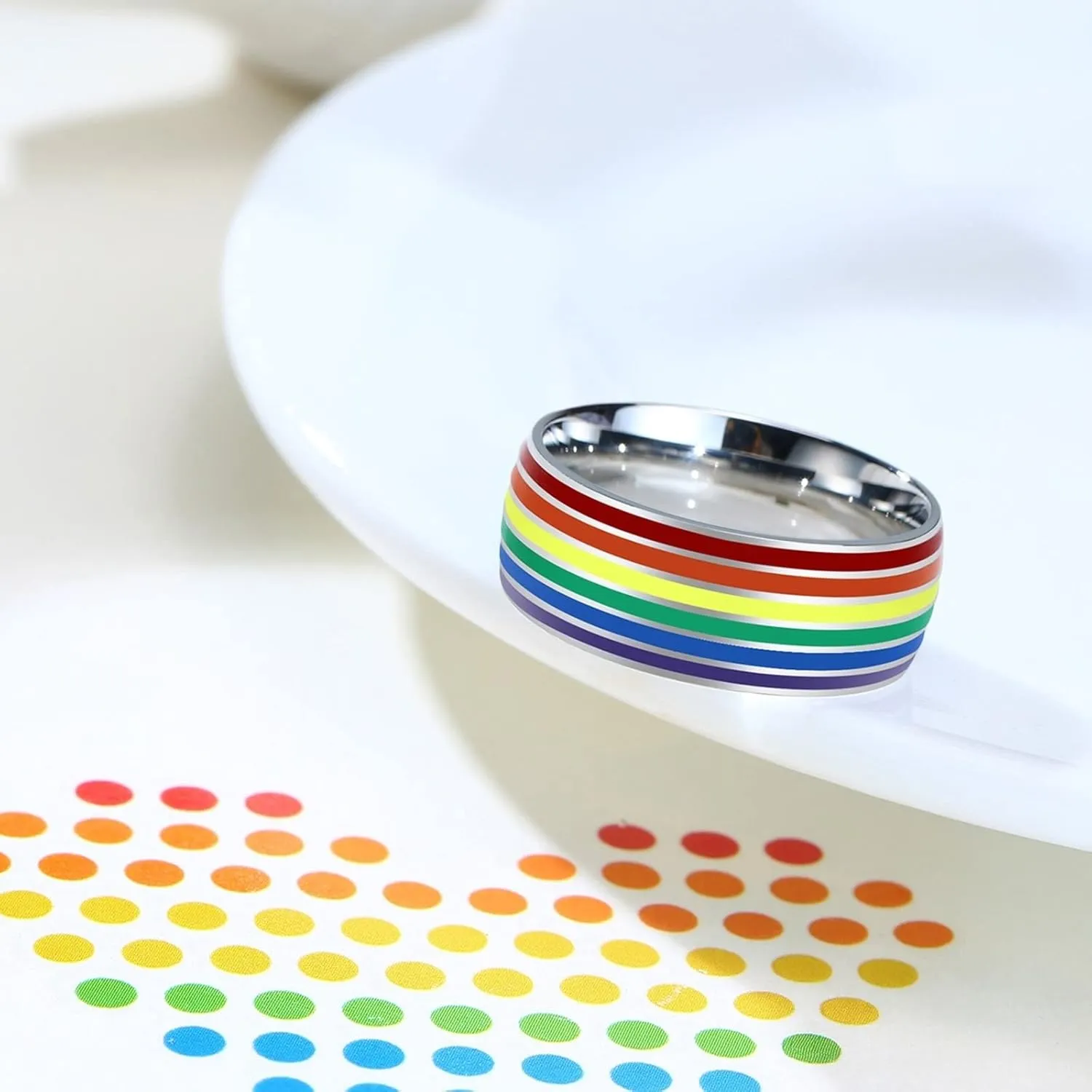 Men Silver Rings, Stainless Steel Engagement Rings 8mm Silver LGBT Ring with Rainbow Enamel Engagement Couple Rings
