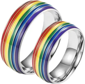 Men Silver Rings, Stainless Steel Engagement Rings 8mm Silver LGBT Ring with Rainbow Enamel Engagement Couple Rings