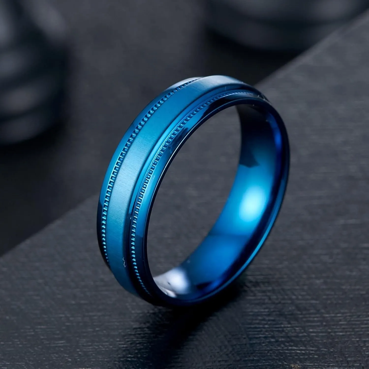 Men Simple Rings, Stainless Steel Rings Blue Ring 6mm Comfort Fit Rings for Men and Women