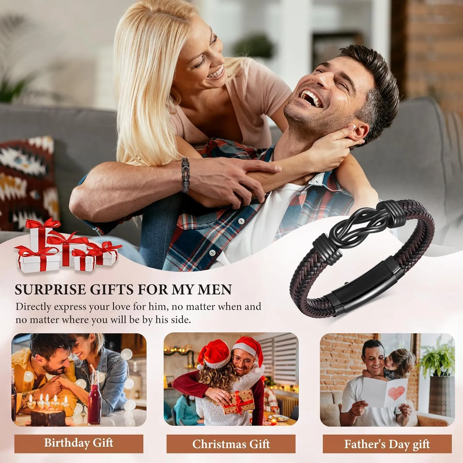 Men's Bracelets Gifts for Men - Brown Braided Leather Infinity Knot Bracelets Engraved Love Massage for Son Man Husband Boyfriend, Personalized Mens Bracelets Jewelry Gift for Birthday Christmas