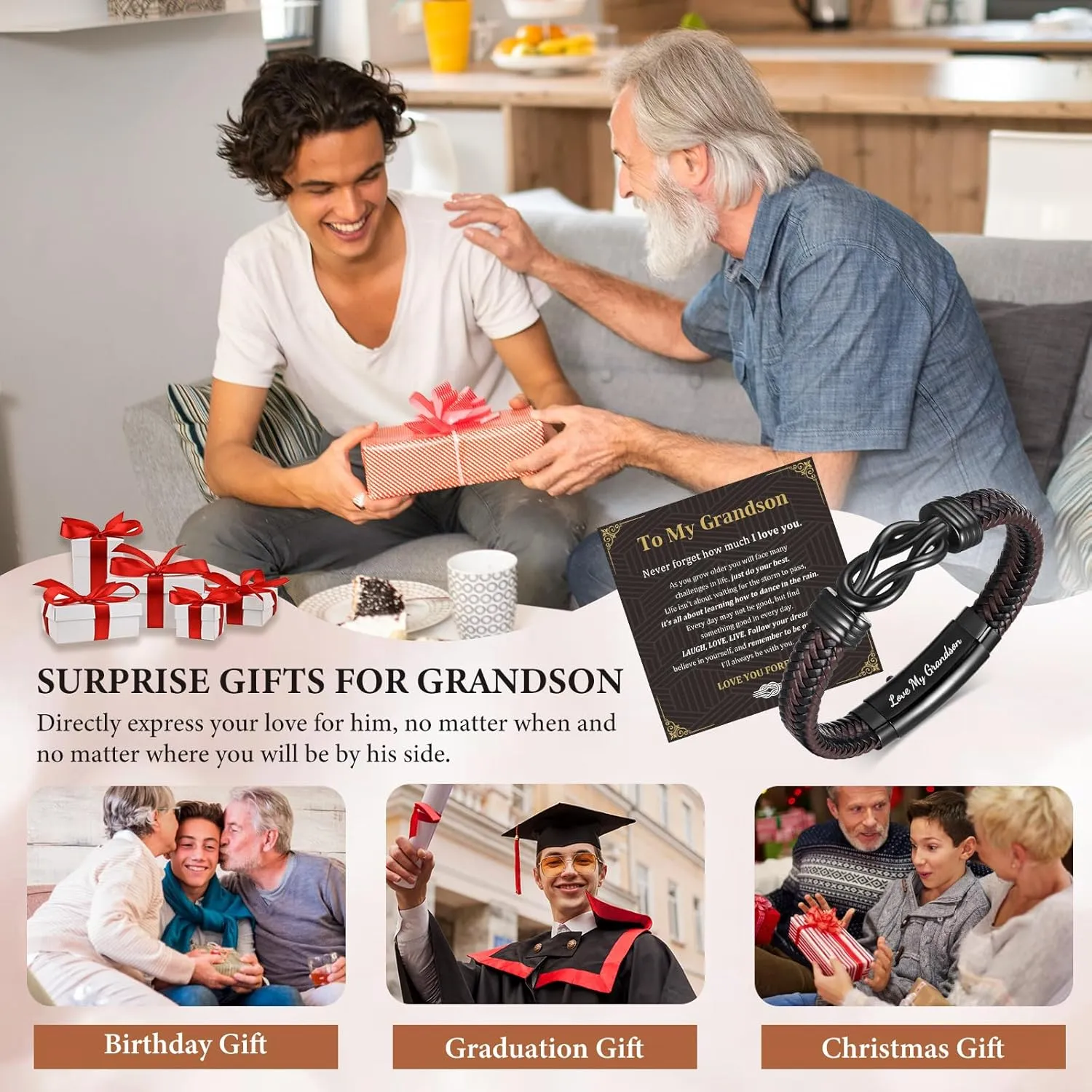 Men's Bracelets Gifts for Men - Brown Braided Leather Infinity Knot Bracelets Engraved Love Massage for Son Man Husband Boyfriend, Personalized Mens Bracelets Jewelry Gift for Birthday Christmas