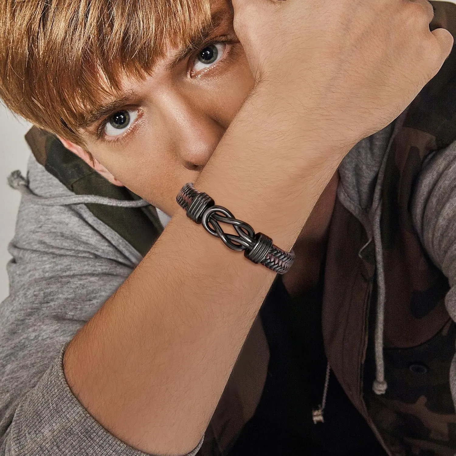 Men's Bracelets Gifts for Men - Brown Braided Leather Infinity Knot Bracelets Engraved Love Massage for Son Man Husband Boyfriend, Personalized Mens Bracelets Jewelry Gift for Birthday Christmas
