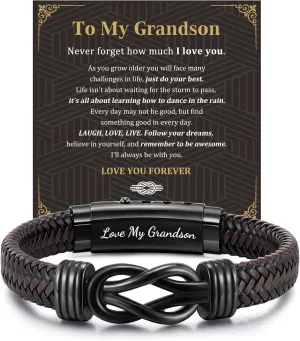 Men's Bracelets Gifts for Men - Brown Braided Leather Infinity Knot Bracelets Engraved Love Massage for Son Man Husband Boyfriend, Personalized Mens Bracelets Jewelry Gift for Birthday Christmas