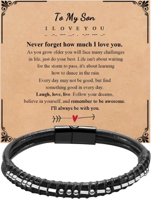 Mens Bracelets Men Morse Code Bracelet Father Dad Husband Son Grandson Brother Boyfriend Father'S Day Birthday Graduation Valentines Day Anniversary Christmas Leather Cuff Bangle I Love You Jewelry Gift for Man Him