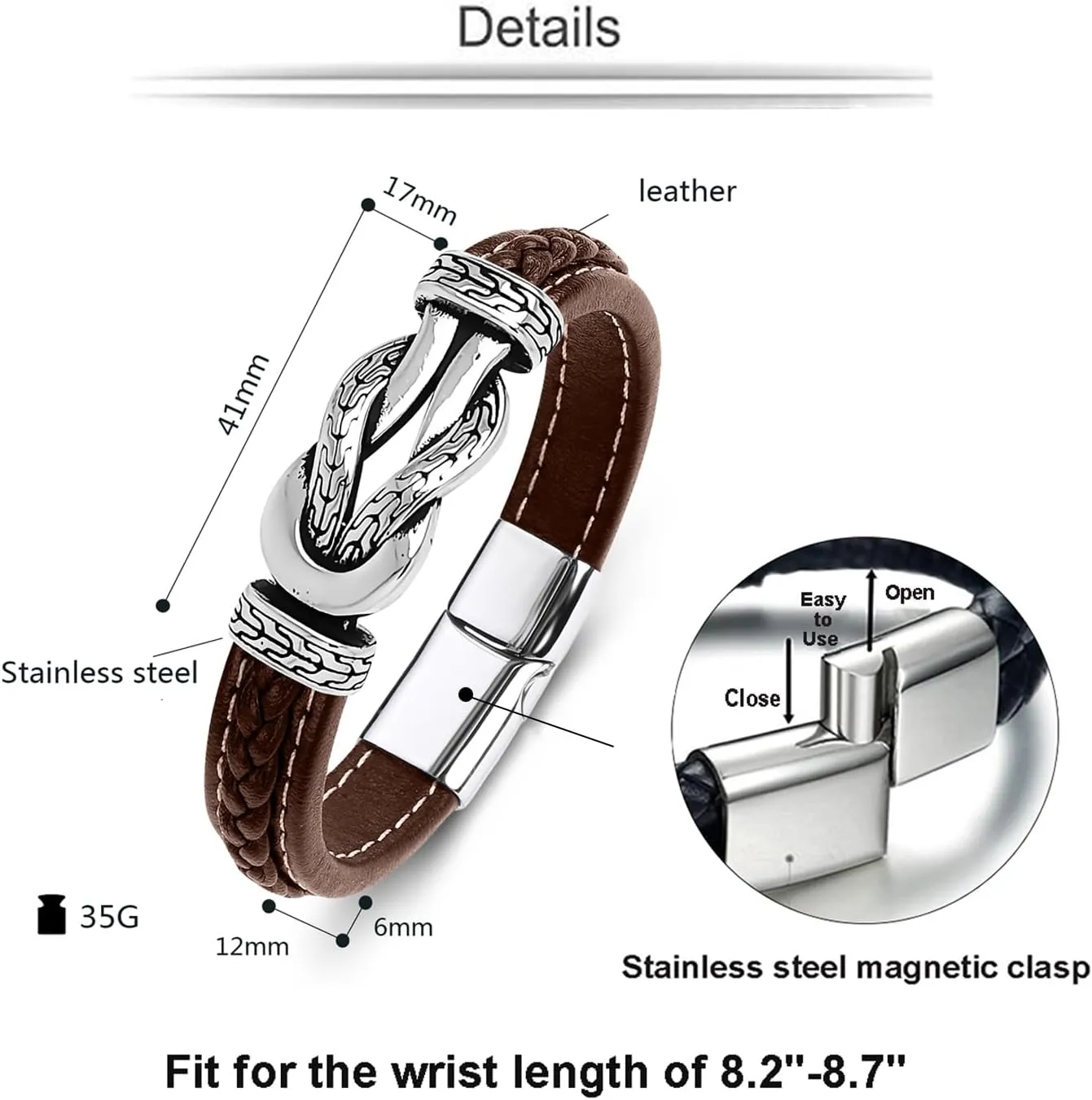 Men's Braided Leather Bracelet Wristband Cuff Bracelet for Men Gifts Stainless Steel Clasp