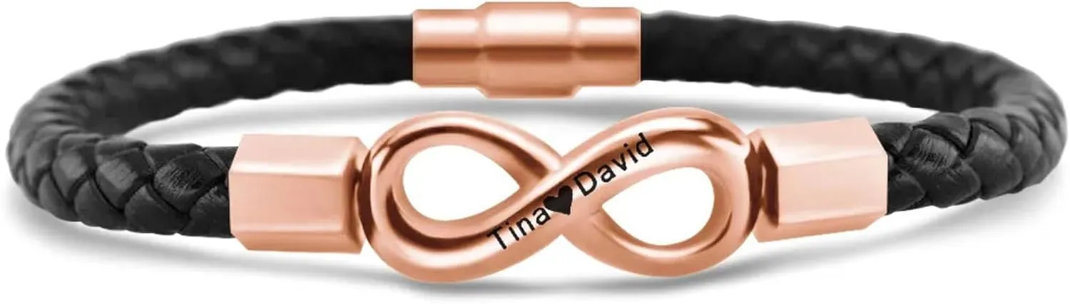 Men's Infinity Leather Bracelet Personalised Engraved Text Bracelets Custom Name Bracelets Braided Leather Cord Bracelet for Father's Day