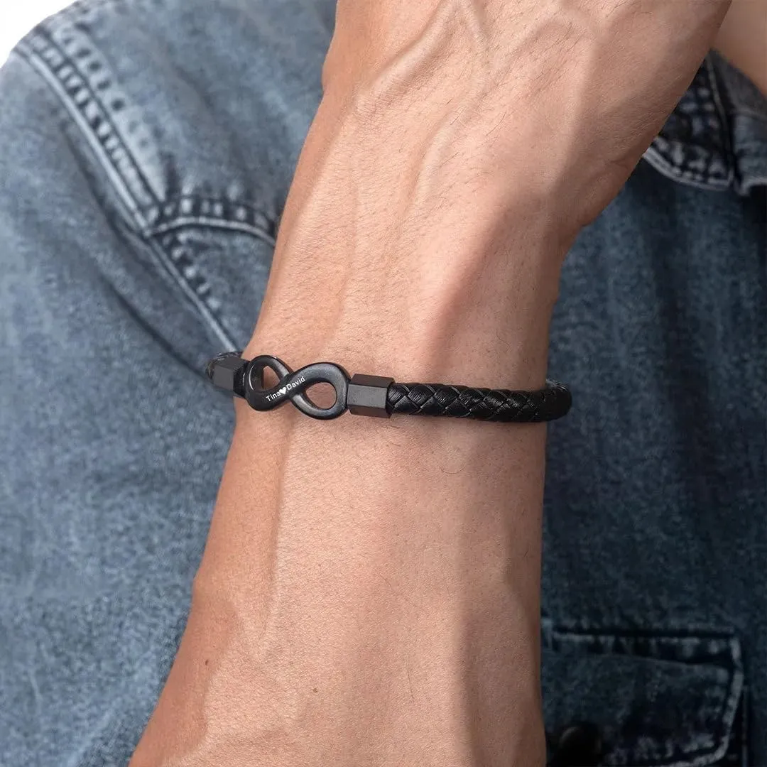 Men's Infinity Leather Bracelet Personalised Engraved Text Bracelets Custom Name Bracelets Braided Leather Cord Bracelet for Father's Day