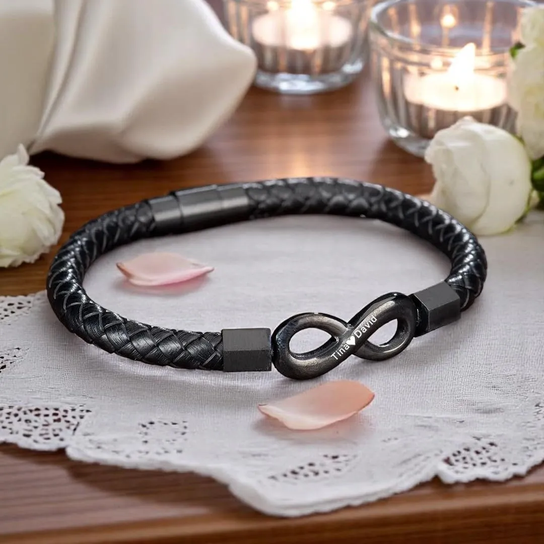 Men's Infinity Leather Bracelet Personalised Engraved Text Bracelets Custom Name Bracelets Braided Leather Cord Bracelet for Father's Day