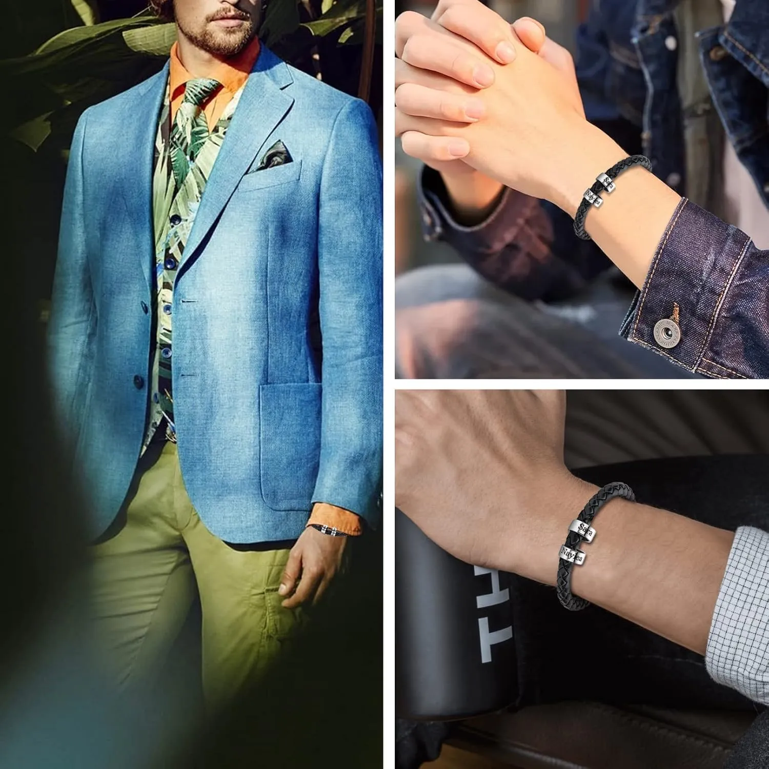 Mens Leather Bracelets Personalized Black Braid Leather Bracelets with 1-6 Custom Names Beads Engraved Men's ID Bracelet for Dad Husband Father