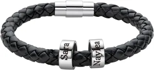 Mens Leather Bracelets Personalized Black Braid Leather Bracelets with 1-6 Custom Names Beads Engraved Men's ID Bracelet for Dad Husband Father
