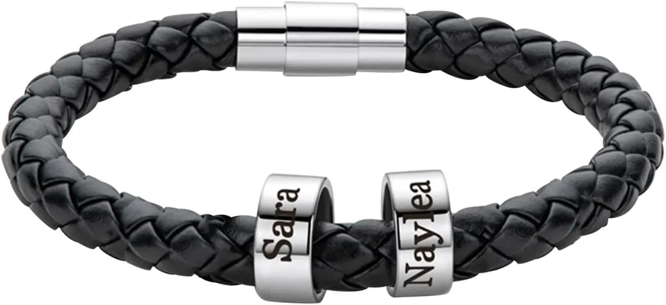 Mens Leather Bracelets Personalized Black Braid Leather Bracelets with 1-6 Custom Names Beads Engraved Men's ID Bracelet for Dad Husband Father