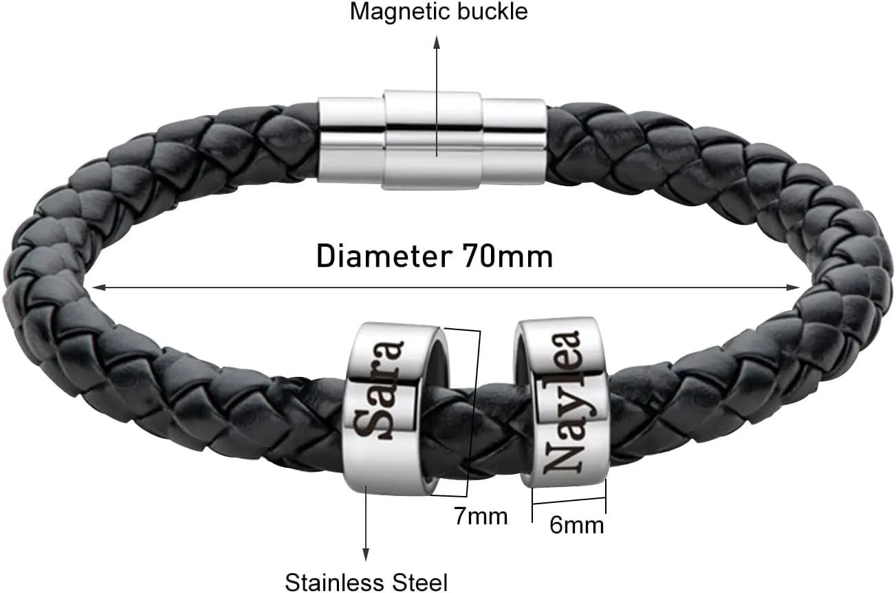 Mens Leather Bracelets Personalized Black Braid Leather Bracelets with 1-6 Custom Names Beads Engraved Men's ID Bracelet for Dad Husband Father