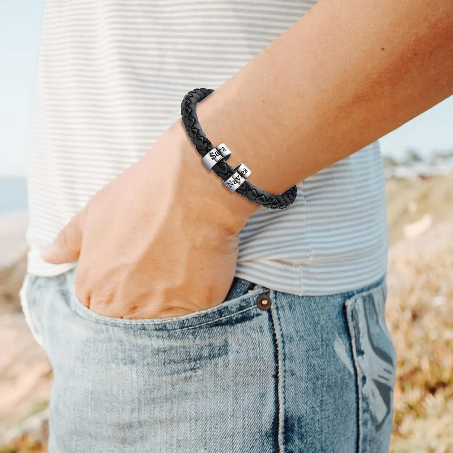 Mens Leather Bracelets Personalized Black Braid Leather Bracelets with 1-6 Custom Names Beads Engraved Men's ID Bracelet for Dad Husband Father