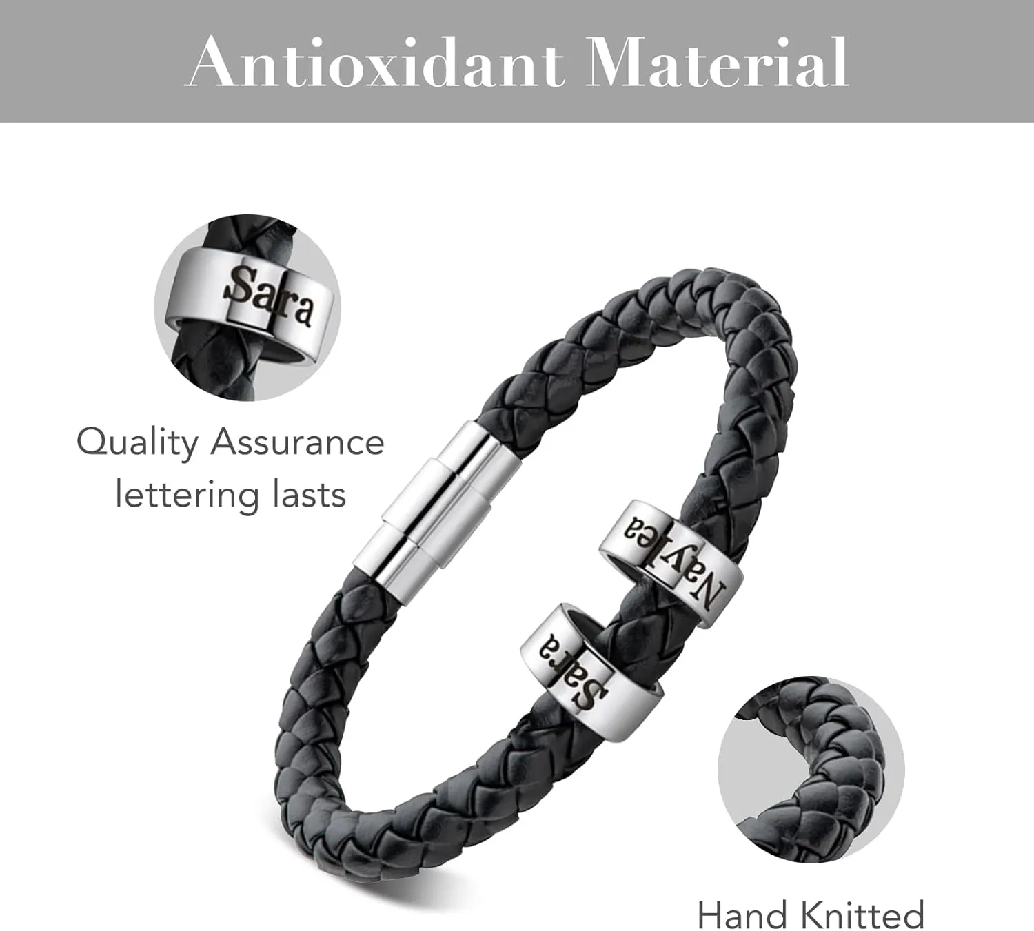 Mens Leather Bracelets Personalized Black Braid Leather Bracelets with 1-6 Custom Names Beads Engraved Men's ID Bracelet for Dad Husband Father