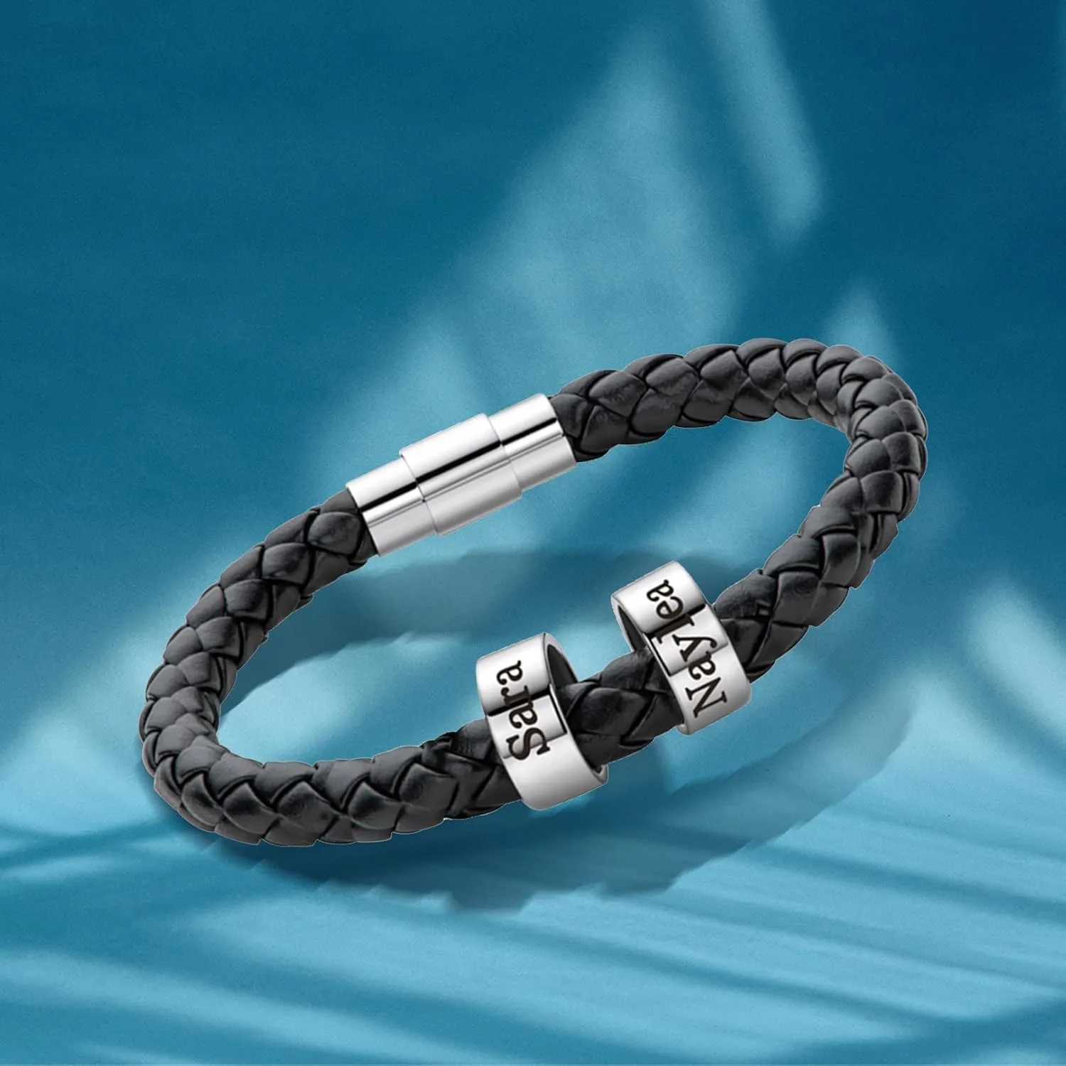 Mens Leather Bracelets Personalized Black Braid Leather Bracelets with 1-6 Custom Names Beads Engraved Men's ID Bracelet for Dad Husband Father