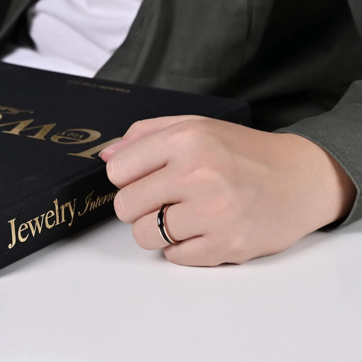 Men's Rings Fashion, Steel Rings for Women 4mm Rose Gold Ring with Enamel Engagement Couple Rings
