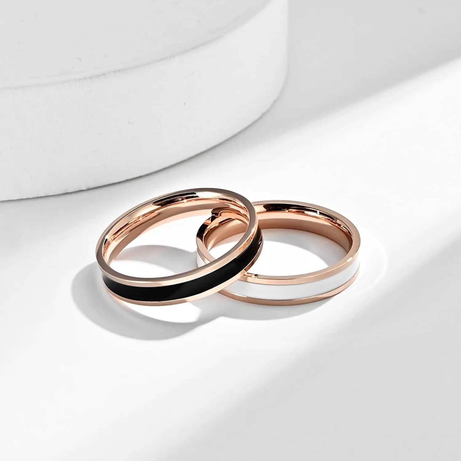Men's Rings Fashion, Steel Rings for Women 4mm Rose Gold Ring with Enamel Engagement Couple Rings