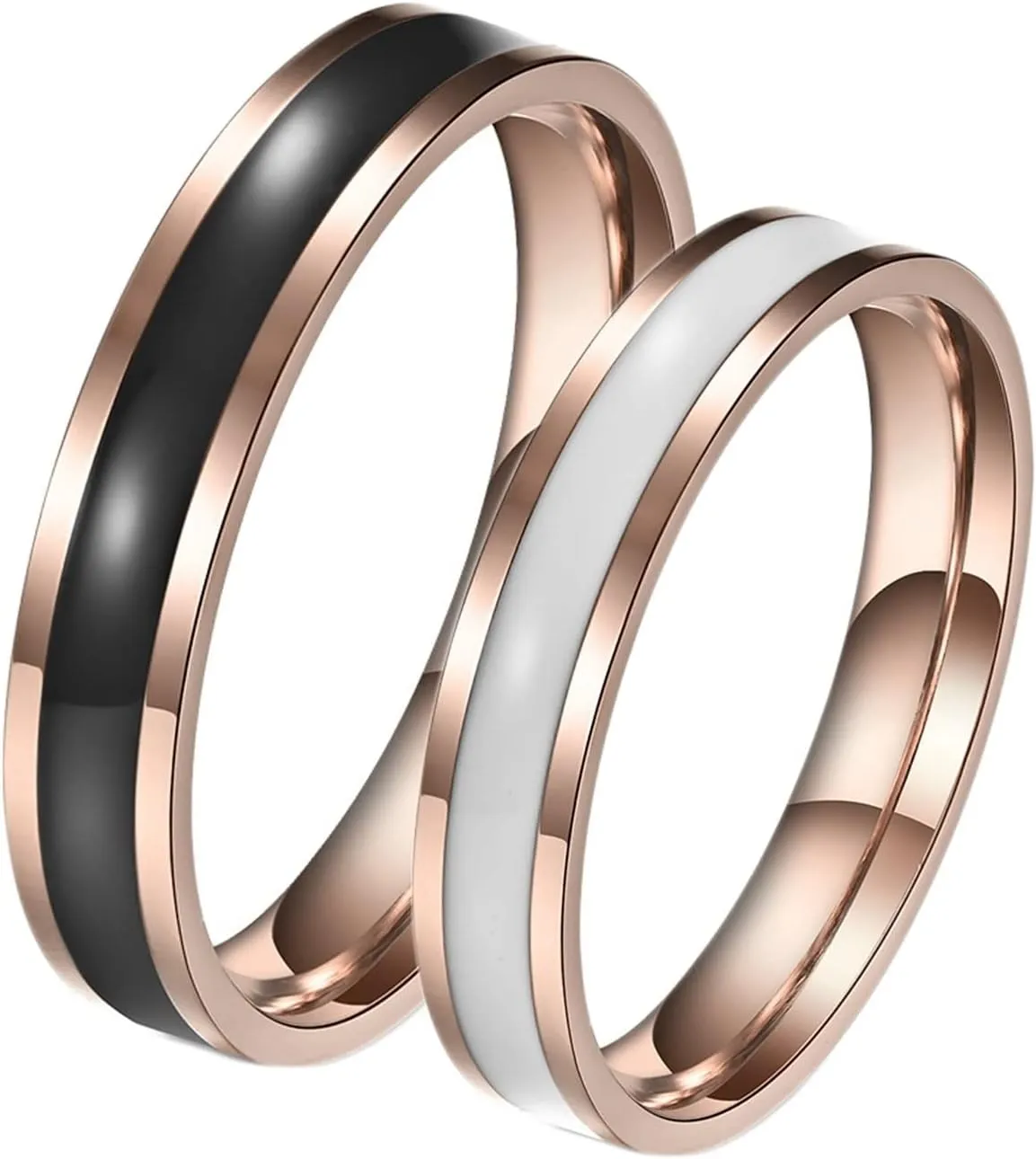 Men's Rings Fashion, Steel Rings for Women 4mm Rose Gold Ring with Enamel Engagement Couple Rings