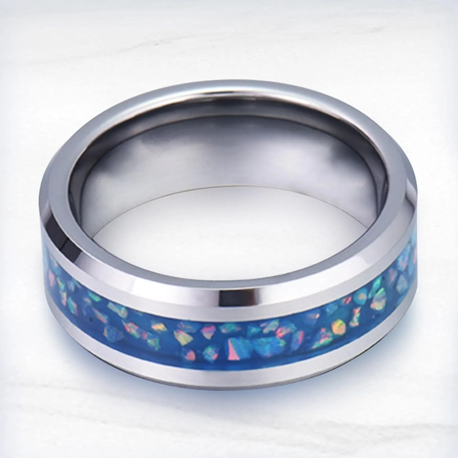 Men's Rings Silver, Men's Stainless Steel Rings 8mm Silver Ring Inlay Blue Opal Engagement Couple Rings