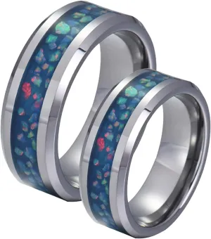 Men's Rings Silver, Men's Stainless Steel Rings 8mm Silver Ring Inlay Blue Opal Engagement Couple Rings