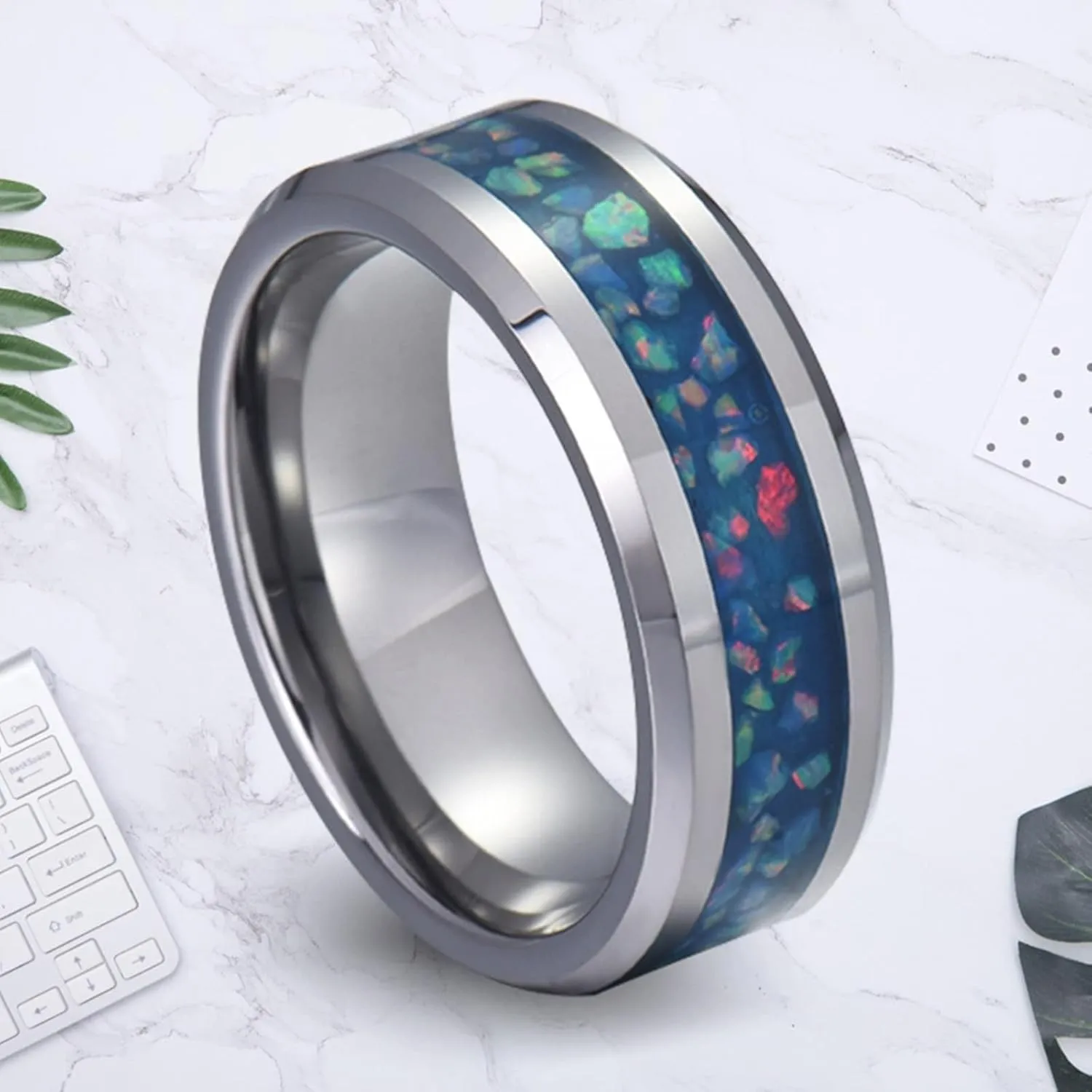 Men's Rings Silver, Men's Stainless Steel Rings 8mm Silver Ring Inlay Blue Opal Engagement Couple Rings