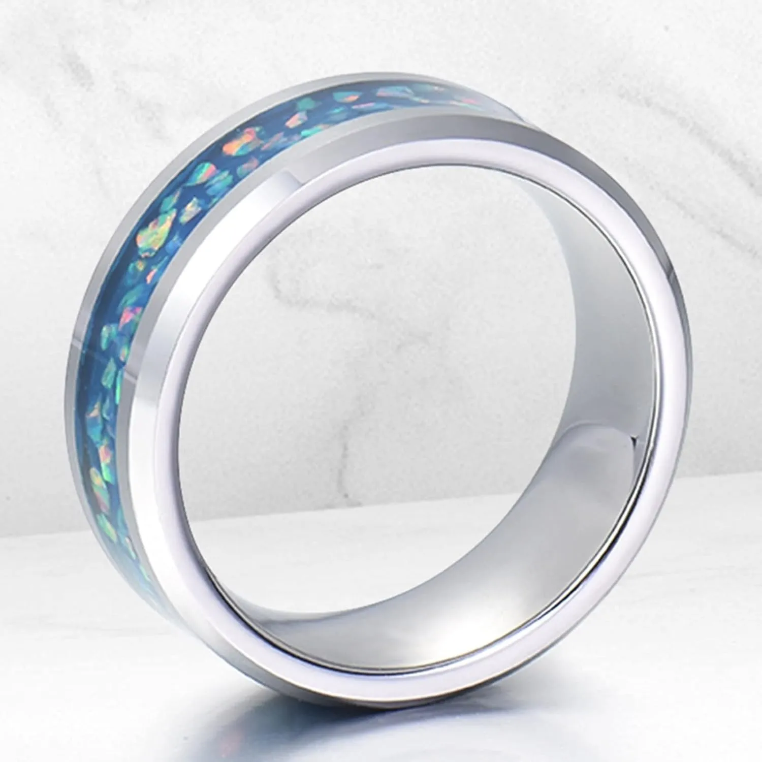 Men's Rings Silver, Men's Stainless Steel Rings 8mm Silver Ring Inlay Blue Opal Engagement Couple Rings