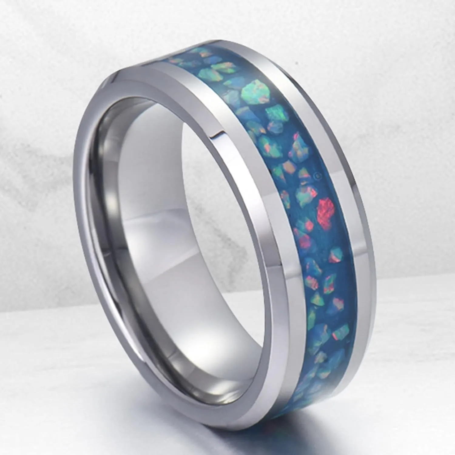 Men's Rings Silver, Men's Stainless Steel Rings 8mm Silver Ring Inlay Blue Opal Engagement Couple Rings