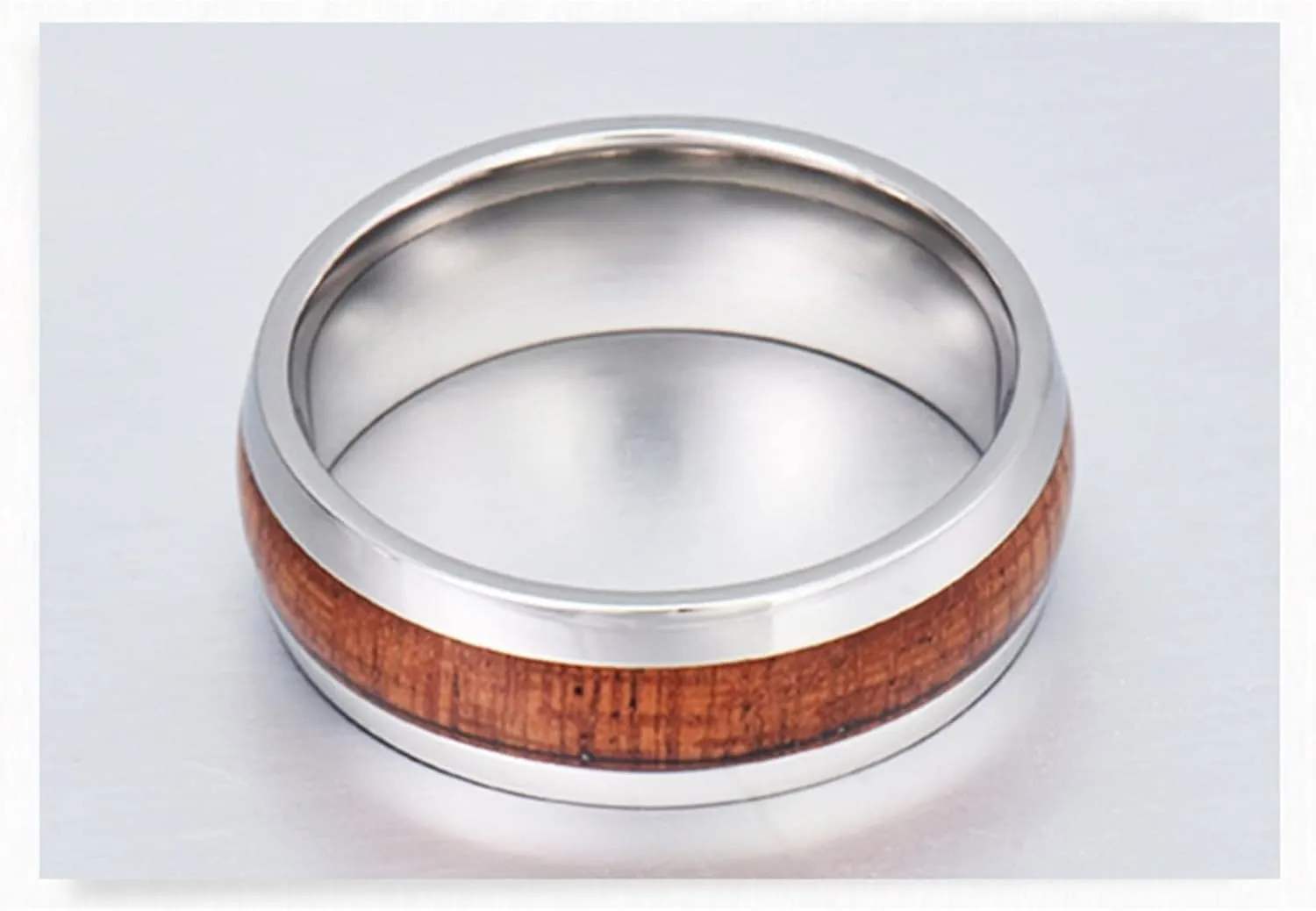 Men's Rings Silver, Steel Rings for Women 8mm Silver Ring Inlay Wood Valentine's Day Couple Rings