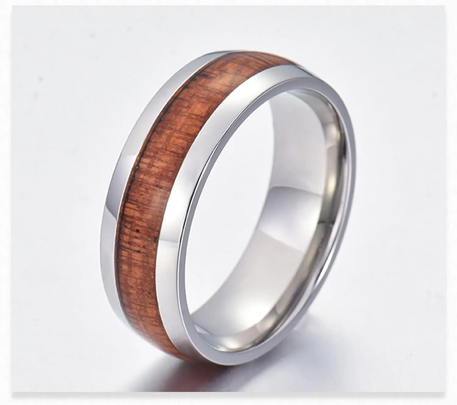 Men's Rings Silver, Steel Rings for Women 8mm Silver Ring Inlay Wood Valentine's Day Couple Rings