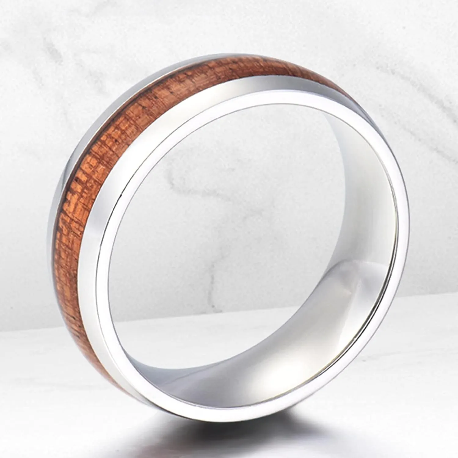 Men's Rings Silver, Steel Rings for Women 8mm Silver Ring Inlay Wood Valentine's Day Couple Rings