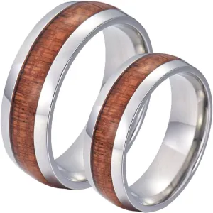Men's Rings Silver, Steel Rings for Women 8mm Silver Ring Inlay Wood Valentine's Day Couple Rings