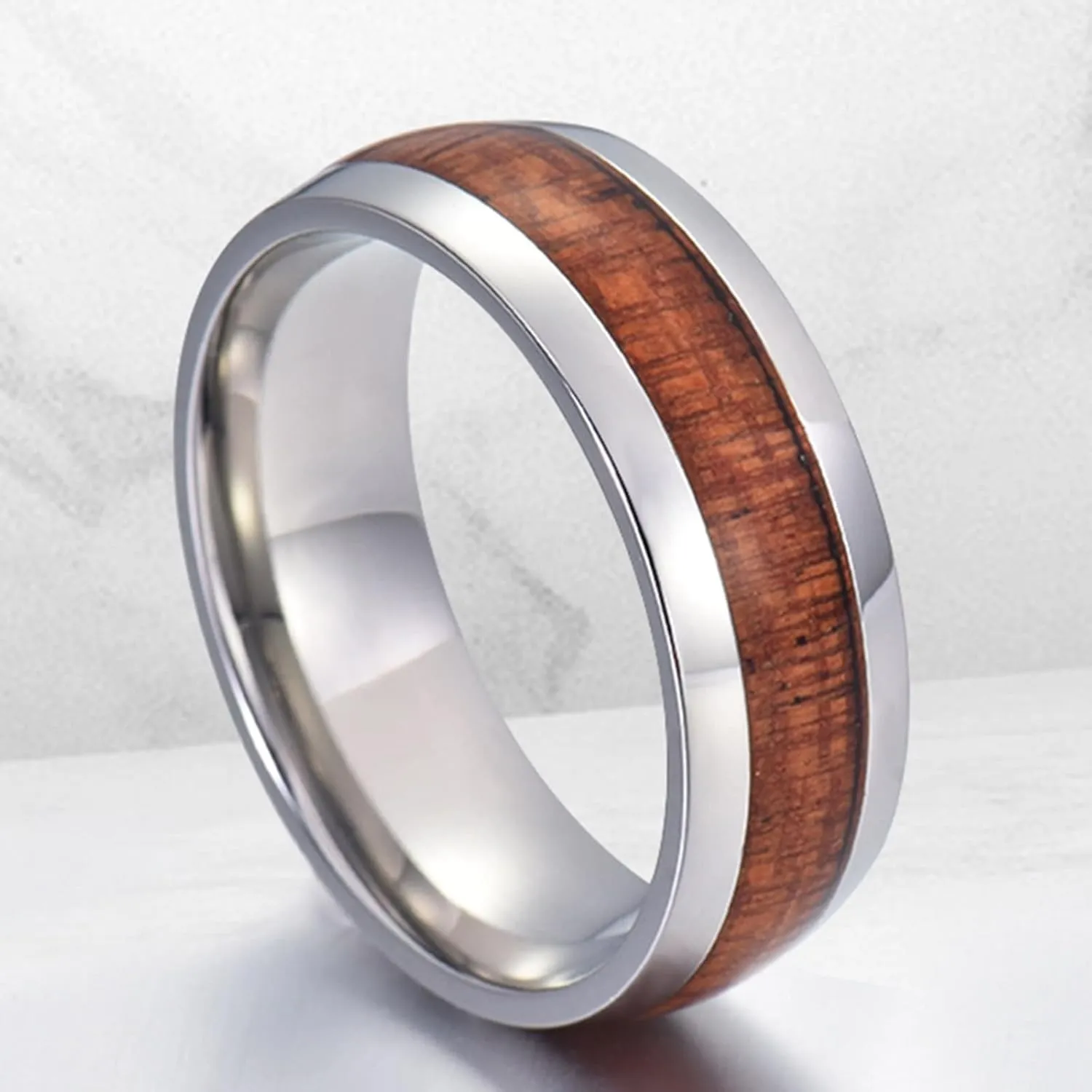 Men's Rings Silver, Steel Rings for Women 8mm Silver Ring Inlay Wood Valentine's Day Couple Rings