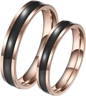 Mens Vintage Rings, Stainless Steel Rings 4mm Rose Gold Ring with Black Enamel Valentine's Day Couple Rings