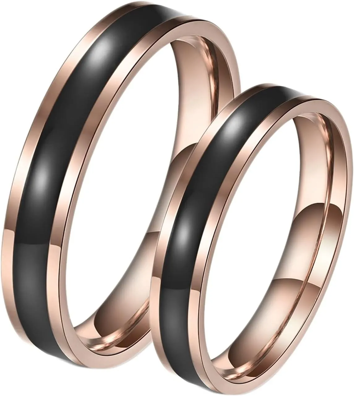 Mens Vintage Rings, Stainless Steel Rings 4mm Rose Gold Ring with Black Enamel Valentine's Day Couple Rings