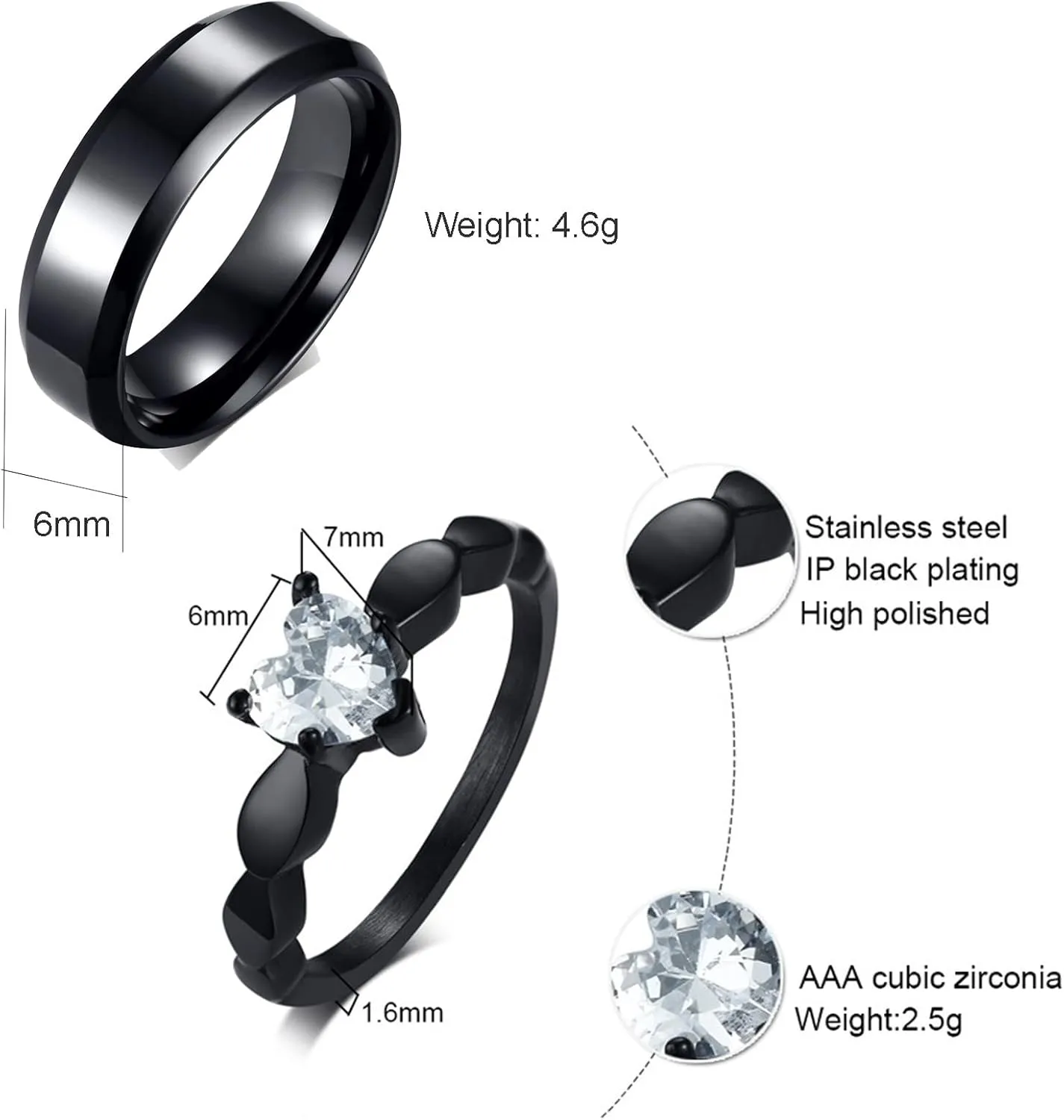 Men's Wedding Rings, Steel Rings for Women Black Silver Ring 6mm Men's and Women's Fashion Rings