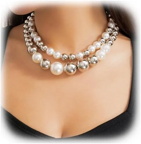 Metal Multi-layered Pearl Choker Necklaces Summer Beach Big Ball Clavicle Chain Necklace Bead Body Jewelry Festival Pearl Collar Body Chain Necklace for Women