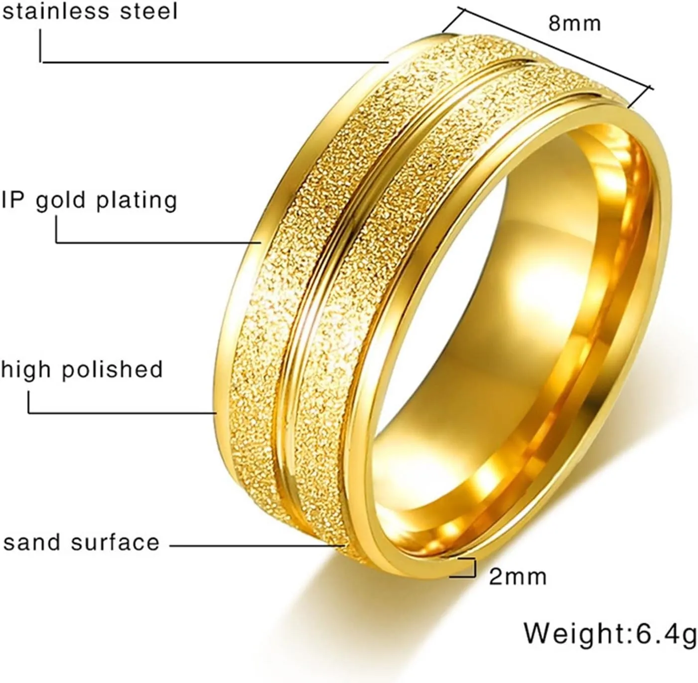 Metal Rings for Women, Mens Rings Stainless Steel Gold Matte Ring 8mm Engagement Couple Rings