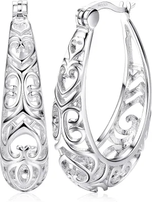 Milacolato 925 Sterling Silver Hoop Earrings for Women 18K White Gold Plated Textured Filigree Oval Hoop Earrings Lightweight & Hypoallergenic Vintage Hoop Earrings