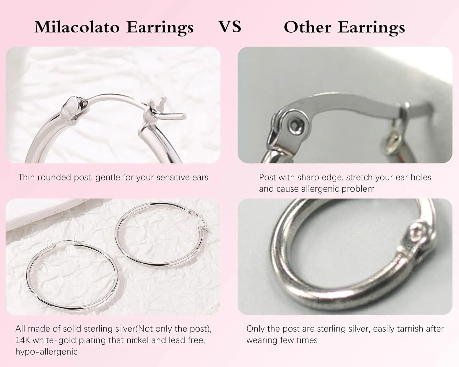 MILACOLATO Sterling Silver Hoop Earrings 2mm Thin Hoop Earrings 18K White Gold Plated Huggie Hoops Earrings Size Available Small Medium Large Hoop Earrings for Women 13/15/20/25/30/40/50/60mm