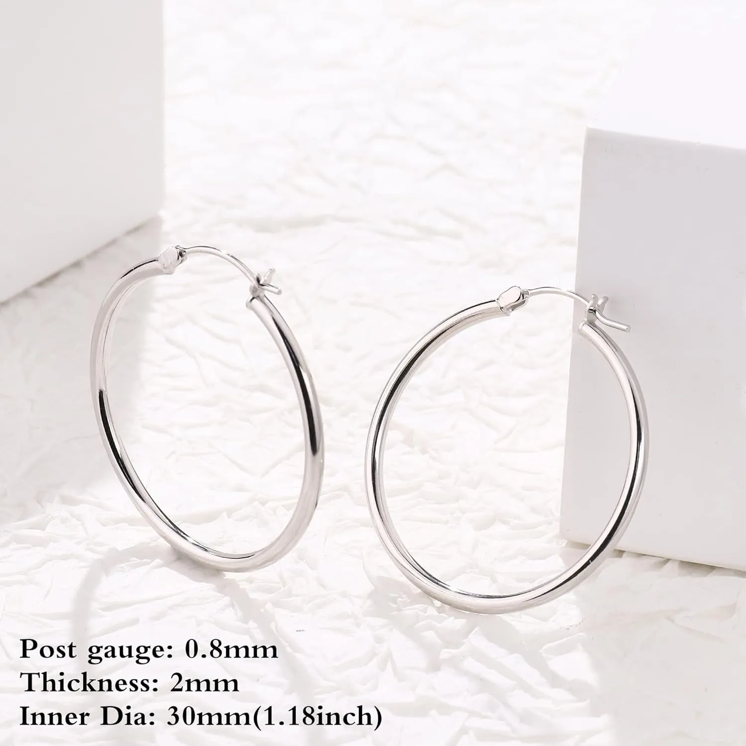 MILACOLATO Sterling Silver Hoop Earrings 2mm Thin Hoop Earrings 18K White Gold Plated Huggie Hoops Earrings Size Available Small Medium Large Hoop Earrings for Women 13/15/20/25/30/40/50/60mm