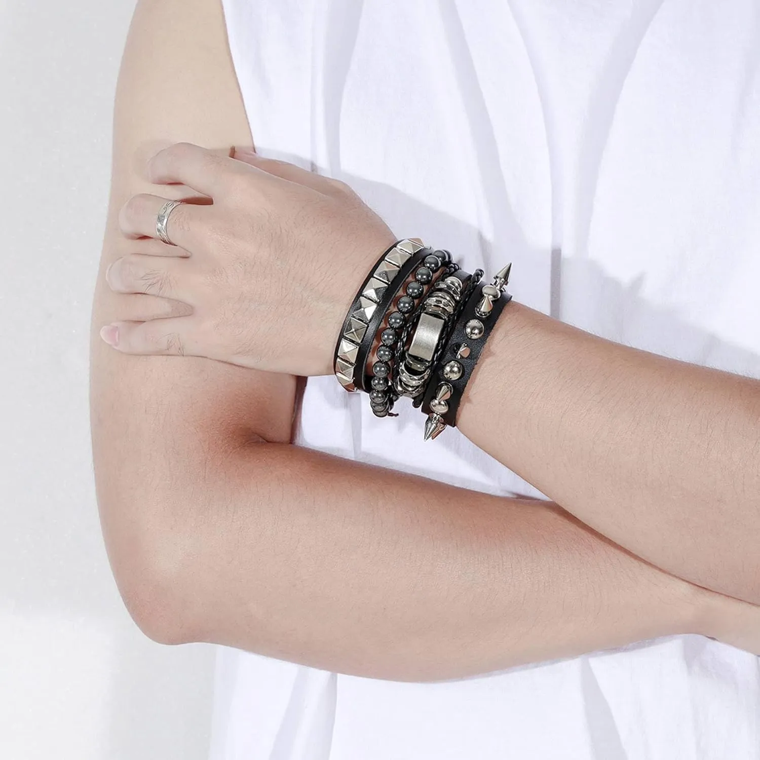 MILAKOO 4Pcs Punk Gothic Braided Leather Bracelet for Women Men with Stone Beads Stretch Wristband Adjustbale